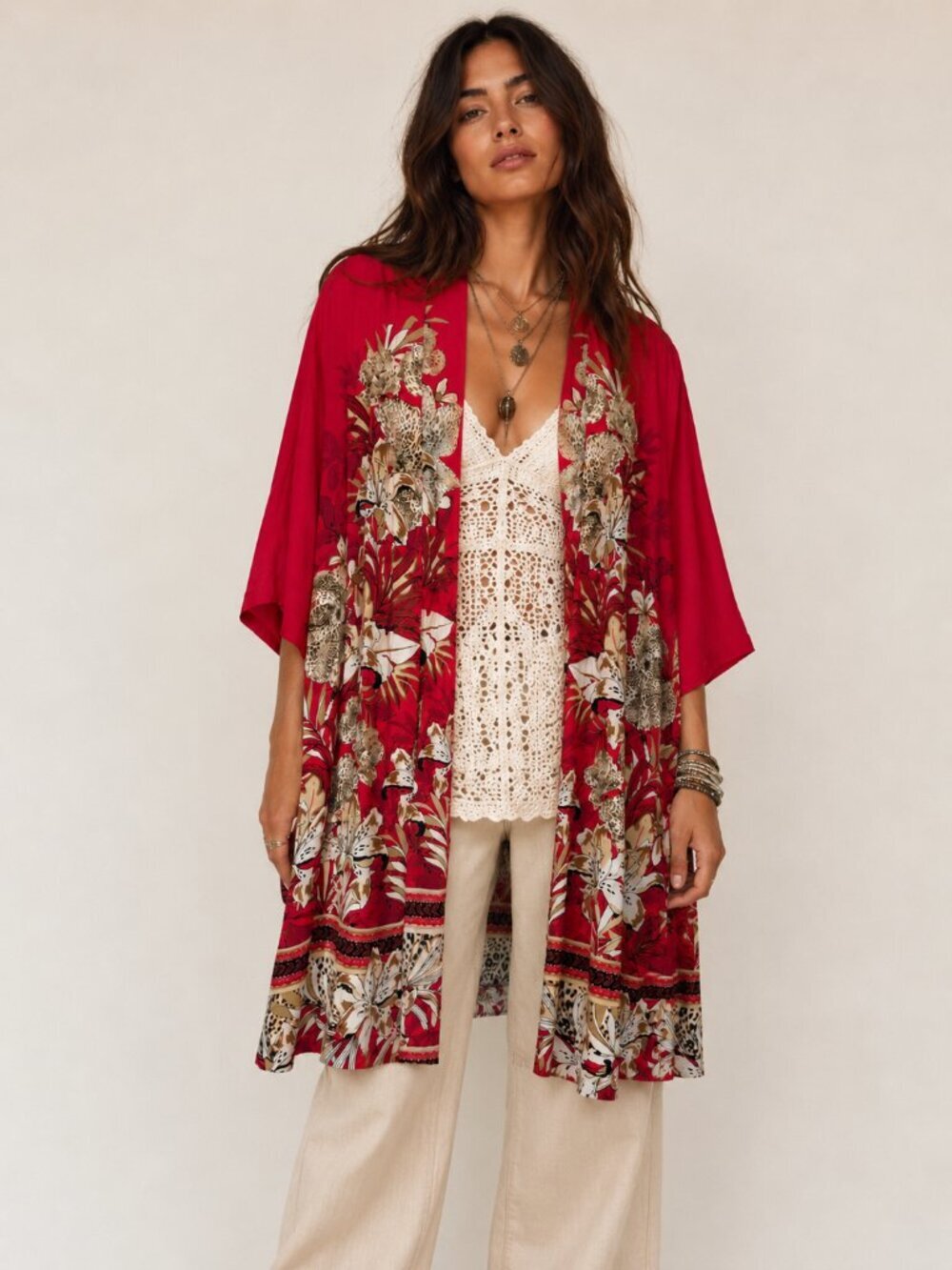 Chico’s Art Nouveau Kimono Duster Jacket Red Artsy Boho Aracati Cat Long Medium